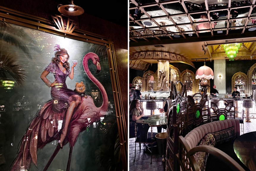 A collage of the interior of Lisa Vanderpump's new restaurant, Pinkys.