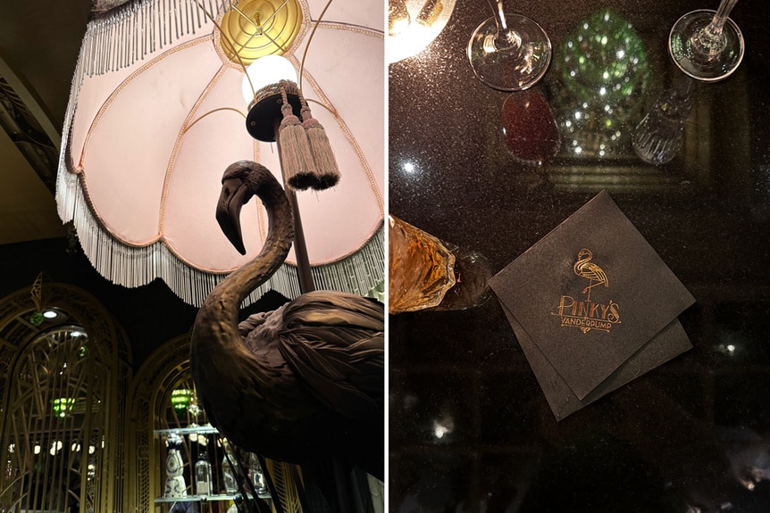 A collage of the interior of Lisa Vanderpump's new restaurant, Pinkys. A lamp and a napkin