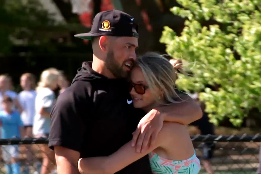 Taylor Green hugs her boyfriend Gaston Rojas on Southern Charm Episode 1002.