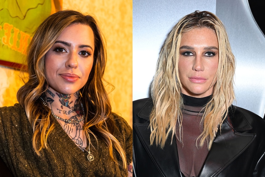 A split of Morgan Wade wearing a sweater and Kesha wearing a mesh shirt and leather jacket